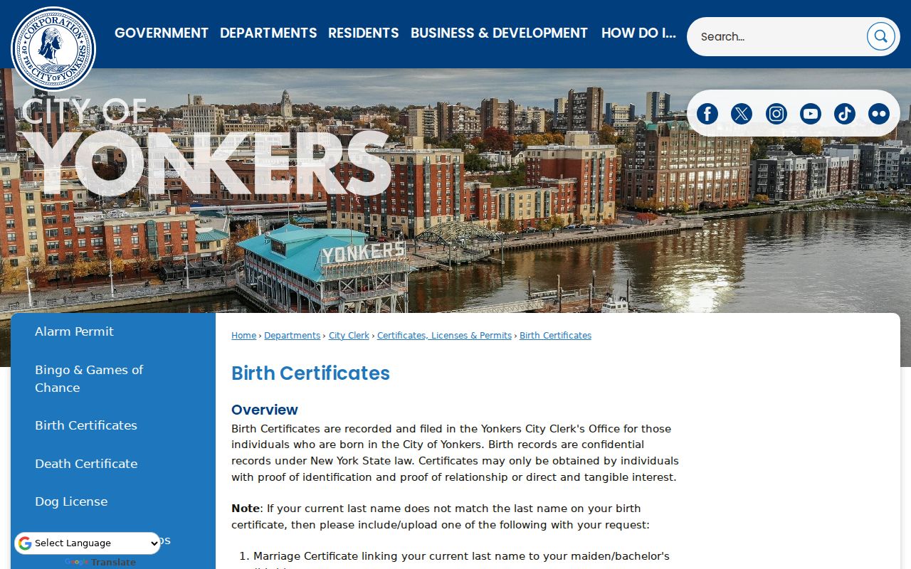 Yonkers resident lookup reference for a Yonkers birth certificate request