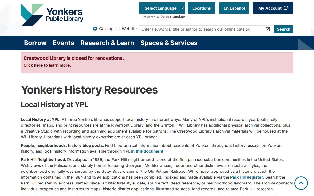 Yonkers neighbors reference for the Park Hill Register history resource